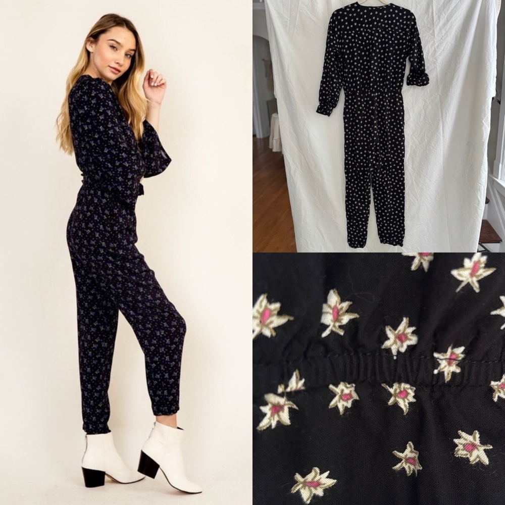 ANGIE | DITSY BOHO PRINT BLACK WHITE LONG SLEEVE CUFFED STRETCH JUMPSUIT ROMPER